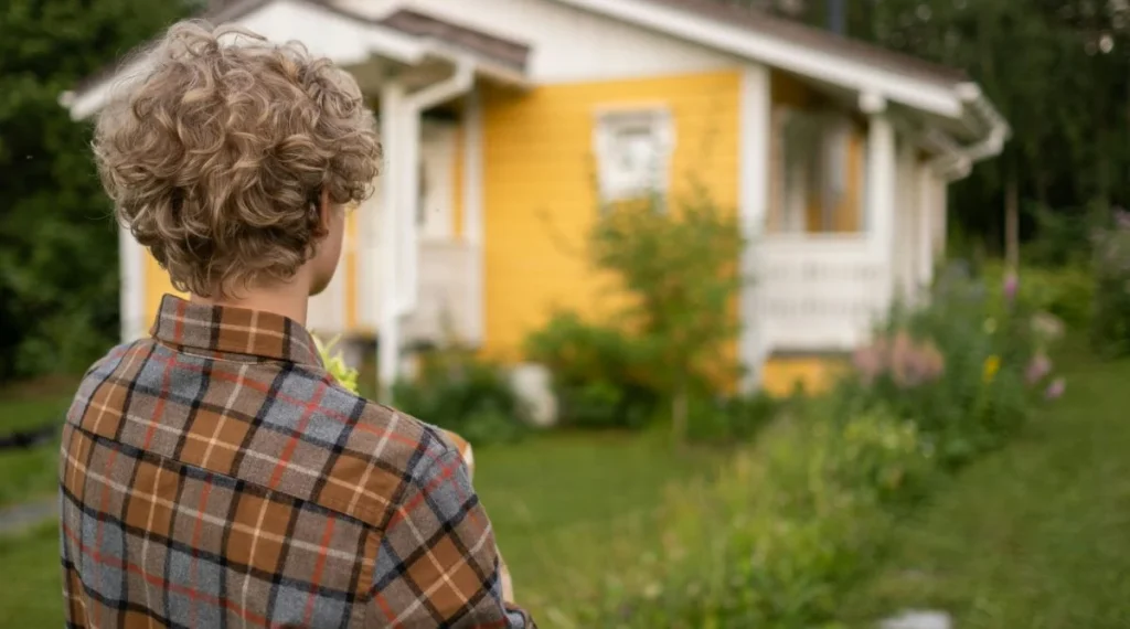 A person standing near their home