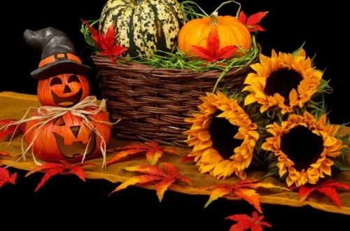 Seasonal decor items with a blurred background of a living room