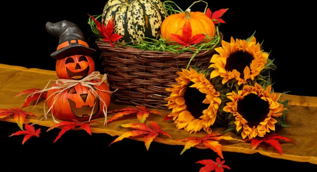 Seasonal decor items with a blurred background of a living room