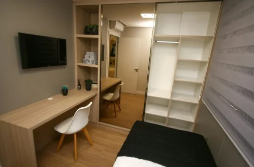 Compact storage units and shelves in a small living room