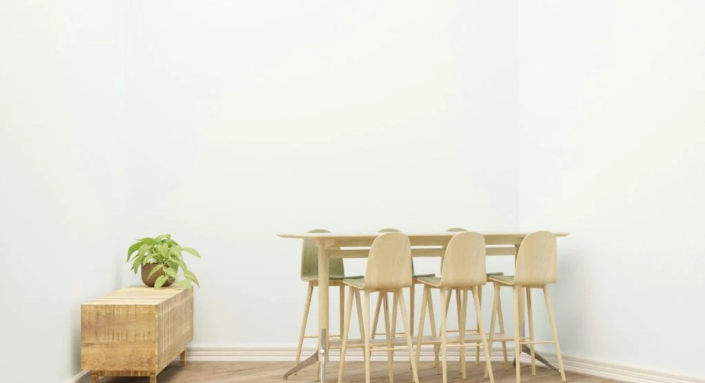 A tidy living room with organized furniture and decor