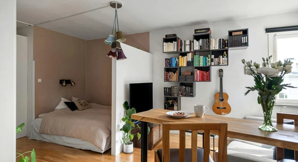 Small space living room with organized furniture and decor