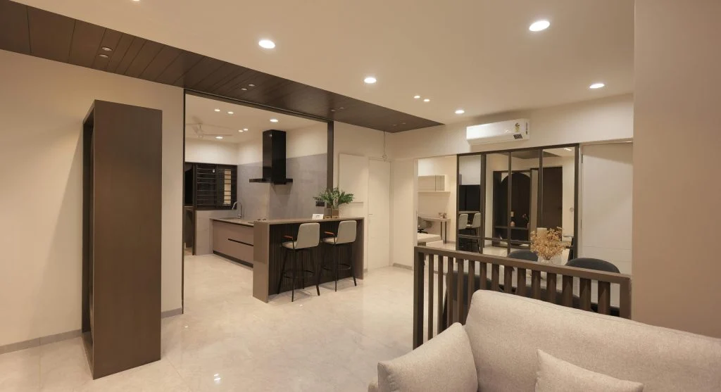 Minimalist living room with beige walls and gray furniture